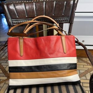 Coach Leather Colorblock Tote in Red, White, Black & Tan
